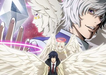 Desenho no estilo mangá. Quatro pessoas de pele clara, sobrepostos um sobre o outro, todos com asas de anjo. O da frente tem cabelos pretos azulados, já os outros têm cabelos brancos.