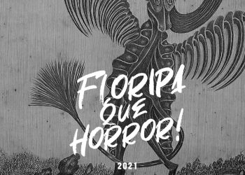 Pôster de divulgação do evento Floripa Que Horror!. Fundo cinza claro, desenhos de uma criatura mísitca semelhante a um cavalo com asas, com linhas simples e na cor cinza escuro. No centro, o nome do evento na cor branca.
