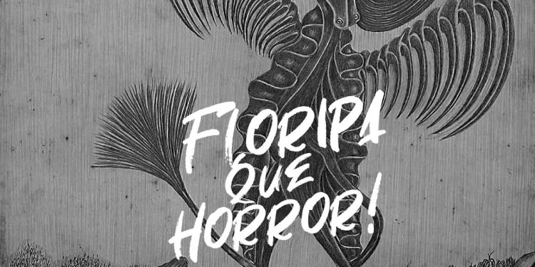 Pôster de divulgação do evento Floripa Que Horror!. Fundo cinza claro, desenhos de uma criatura mísitca semelhante a um cavalo com asas, com linhas simples e na cor cinza escuro. No centro, o nome do evento na cor branca.