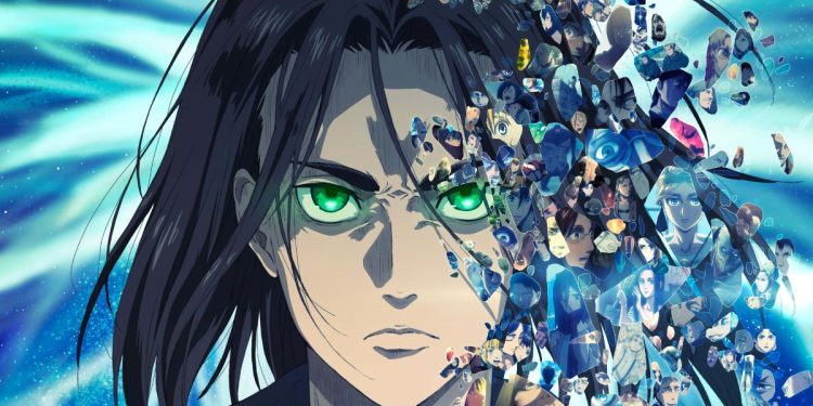 Pôster do anime Attack on Titan, desenho no estilo mangá. Eren Yaeger, personagem principal, pele branca, cabelos lisos e castanhos até o ombro, olhos verdes brilhantes, blusa preta, pode ser visto do peitoal pra cima, está ocupando quase toda a imagem e olhando para a frente. Do lado direito há vários fragmentos pequenos, como se fossem vidro quebrado, e em cada um tem a imagem de cada personagem do anime. No canto inferior esquerdo está o nome do anime.