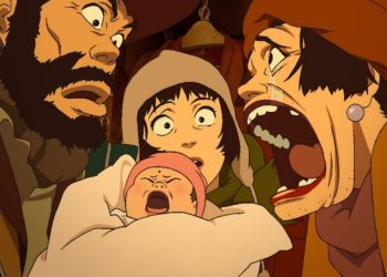 Cena da animação Tokyo Godfathers. Desenho no estilo mangá. Na esquerda um homem barbudo com expressão de surpresa, no meio uma adolescente com uma expressão assustada segurando uma bebê recém-nascida chorando, na direita uma mulher transexual chorando.