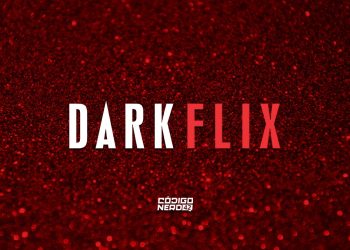 Fundo de glitter vermelho, no centro o nome Darkflix em branco e vermelho, na parte inferior o nome Código Nerd 42.