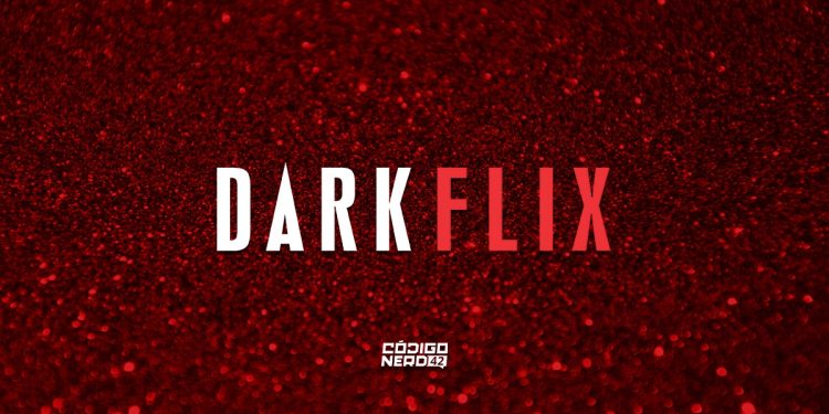 Fundo de glitter vermelho, no centro o nome Darkflix em branco e vermelho, na parte inferior o nome Código Nerd 42.