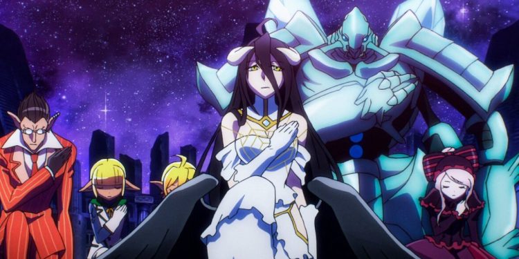 Guardiões de Andar e Albedo reverenciando o lorde Ainz do anime Overlord