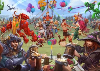 Ilustração comemorativa pelos 25 anos do jogo Tibia. Na ilustração, vários persoangens do jogo participam de uma festa ao ar livre, com grande diversidade de raças (humanos e não humanos) e elementos referentes ao jogo.