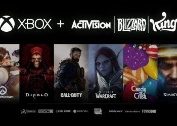 Pôster de divulgação da compra da Activision Blizzard pela Microsoft. Na parte superior, os nomes Xbox, Activision, Blizzard e King. Fundo preto. Na parte central, imagens de persoangens dos jogos Overwatch, Diablo, Call of Duty, World of Warcraft, Candy Crush e Starcraft. Na parte inferior, os nomes dos estúdios Treyarch, Raven, High Moon, Beenox, Sledge Hammer Games, Infinity Ward, Demonware e Toys for Bob.