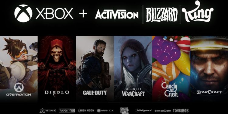 Pôster de divulgação da compra da Activision Blizzard pela Microsoft. Na parte superior, os nomes Xbox, Activision, Blizzard e King. Fundo preto. Na parte central, imagens de persoangens dos jogos Overwatch, Diablo, Call of Duty, World of Warcraft, Candy Crush e Starcraft. Na parte inferior, os nomes dos estúdios Treyarch, Raven, High Moon, Beenox, Sledge Hammer Games, Infinity Ward, Demonware e Toys for Bob.