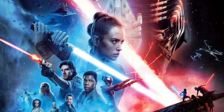 No pôster, há os personagens principais do filme: Chewbacca, Poe, Finn, Lando, C-3PO, Rose, Zorii, R2-D2 e Jannah. Mas, o grande foco está no embate entre Rey e Kylo Ren. As cores se dividem em azul e vermelho.