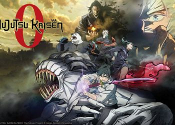 Pôster de divulgação do filme Jujutsu Kaisen 0. Ilustração no estilo de mangá japonês. Fundo amarelo, com os personagens do filme do lado direito e o título do filme no lado esquerdo.