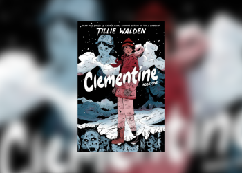 Capa oficial do quadrinho Clementine: Book One - Uma Clementine crescida observa o horizonte de neve, atrás dela, nas nuvens, sua contraparte criança.