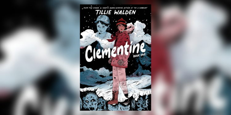 Capa oficial do quadrinho Clementine: Book One - Uma Clementine crescida observa o horizonte de neve, atrás dela, nas nuvens, sua contraparte criança.