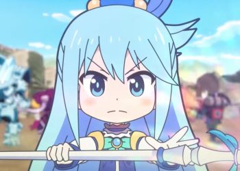 Personagem Aqua preparando uma magia no trailer de Isekai Quartet;