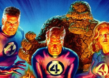 Johnny Storm, Reed Richards, Susan Storm e Ben Grimm em um quadro clássico de O Quarteto Fantástico.