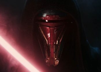 Darth Revan liga o seu sabre de luz, iluminando sua máscara em um trecho do teaser do remake de Knights of the Old Republic.