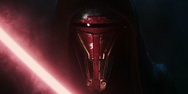 Darth Revan liga o seu sabre de luz, iluminando sua máscara em um trecho do teaser do remake de Knights of the Old Republic.