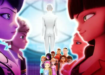 Adrien e Marinette, juntos no lado esquerdo, olhando para a Lila e Chloe no lado direito, enquanto no centro está Gabriel de costas, e os amigos de turma da Marinette.