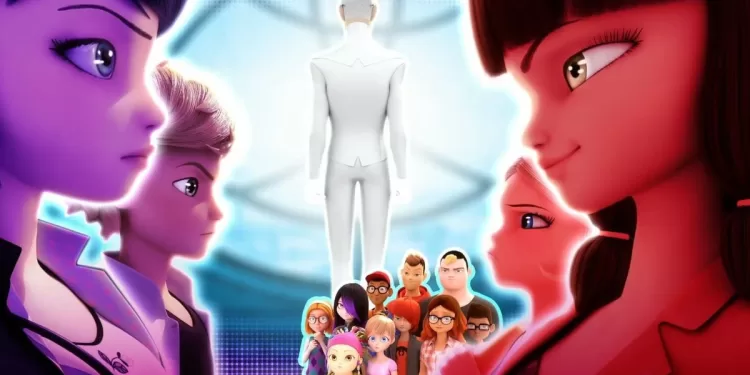 Adrien e Marinette, juntos no lado esquerdo, olhando para a Lila e Chloe no lado direito, enquanto no centro está Gabriel de costas, e os amigos de turma da Marinette.