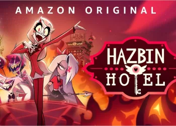 Charlie, Veggie, Alastor, Husk, Niffity e Angel Dust, com o hotel ao fundo.