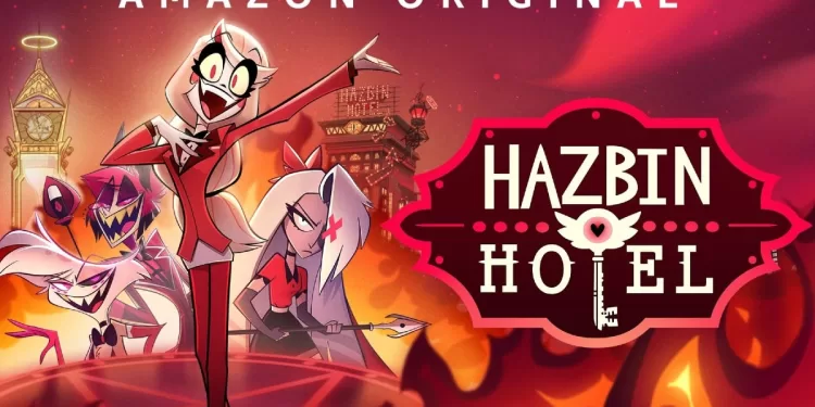 Charlie, Veggie, Alastor, Husk, Niffity e Angel Dust, com o hotel ao fundo.